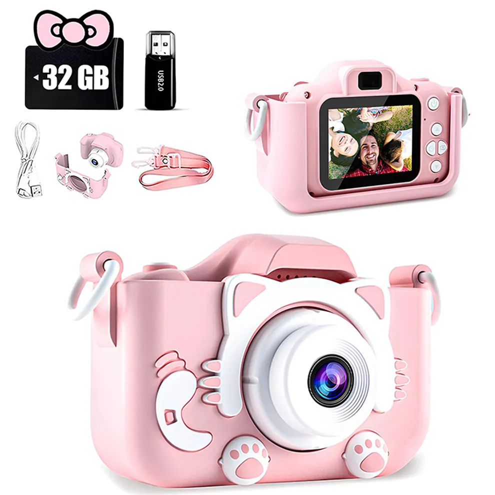 Kids Camera Toys Mini Camera Kids Digital Camera With Video Cartoon Soft Silicone Cover 32GB SD Card For Boy Girl Christmas Gift