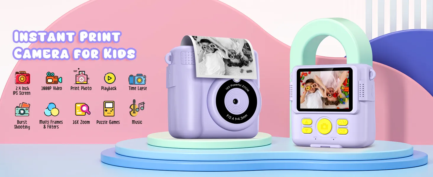 Kids Digital Camera 1080P HD Instant Print Camera Portable Camera Toy with 32GB Card Gift For Boys Girls 3-12