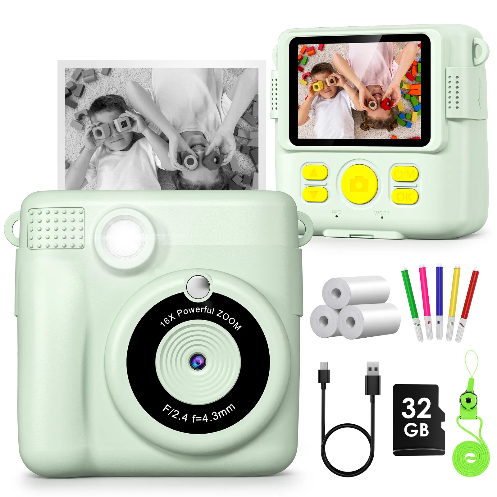 Kids Digital Camera 1080P HD Instant Print Camera Portable Camera Toy with 32GB Card Gift For Boys Girls 3-12