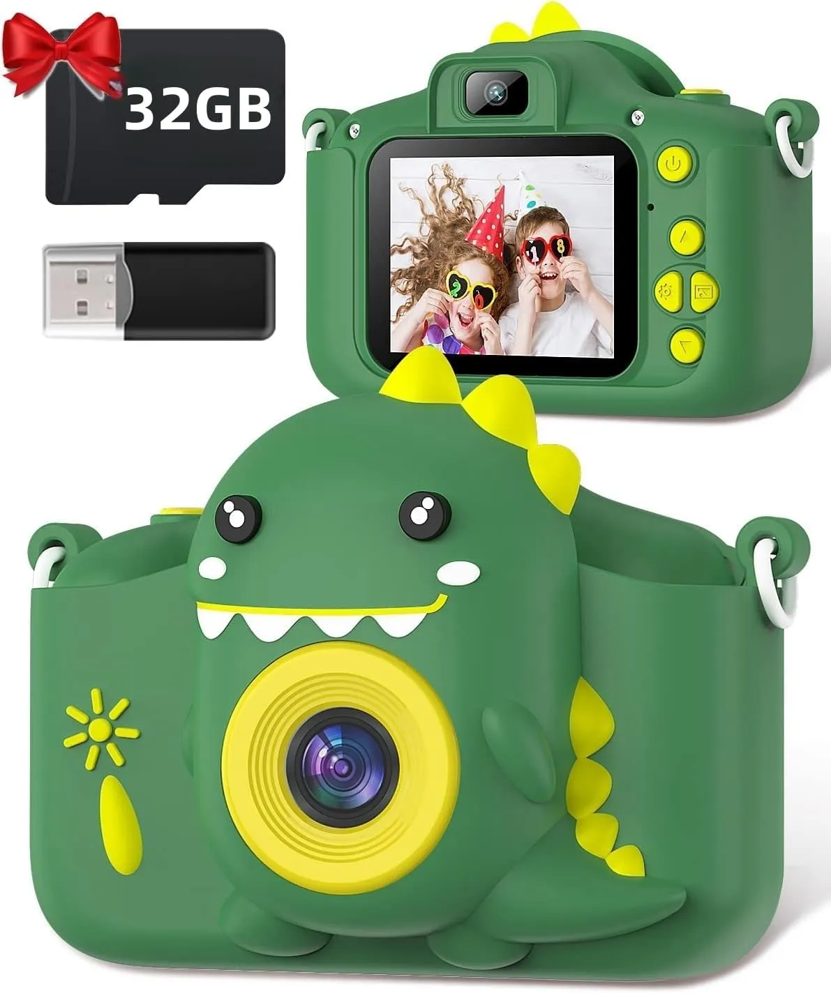 Kids Dinosaur Camera Portable Selfie Camera 1080P HD Digital Camera With 32GB Card Gift For Children Aged 3-12