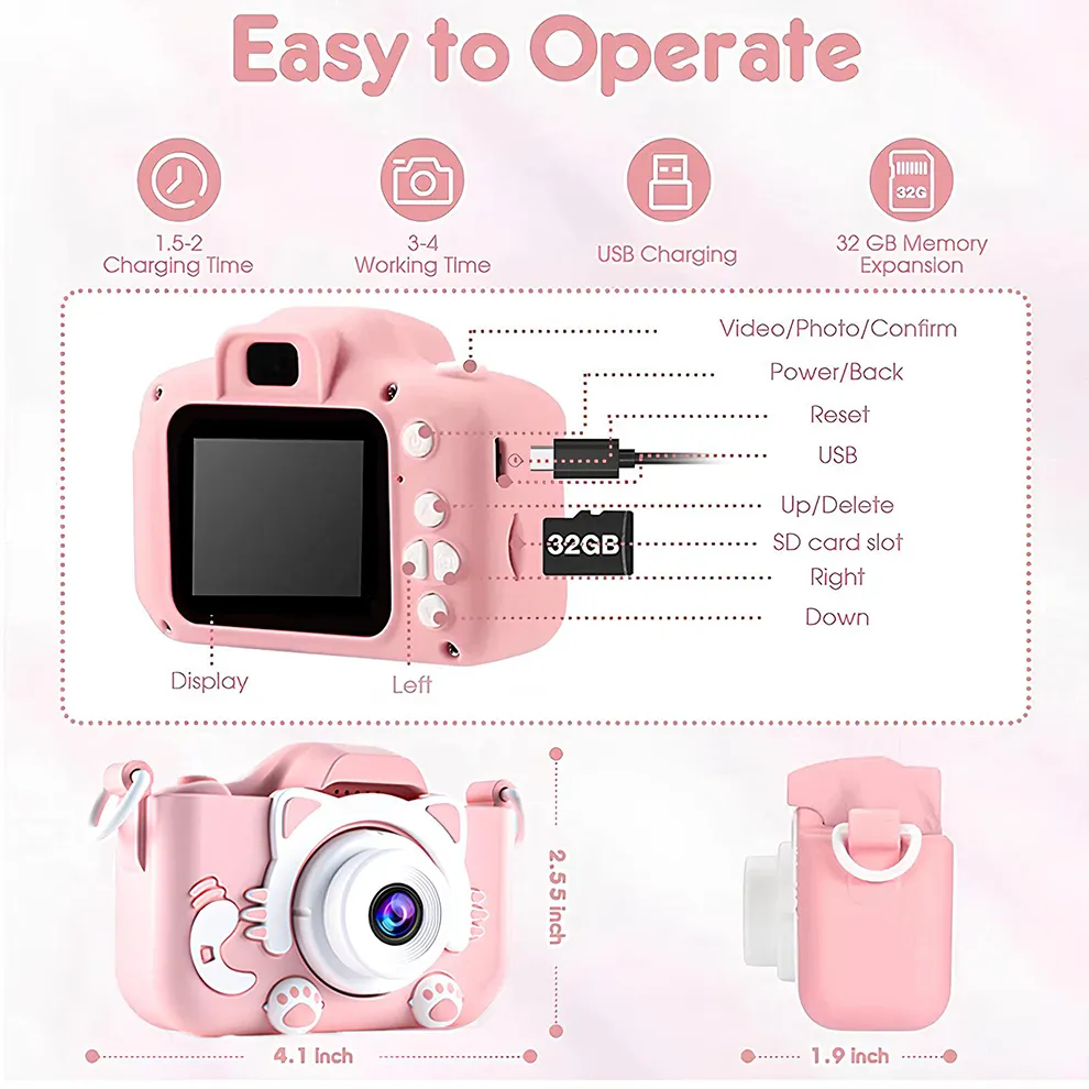 Kids Camera Toys Mini Camera Kids Digital Camera With Video Cartoon Soft Silicone Cover 32GB SD Card For Boy Girl Christmas Gift
