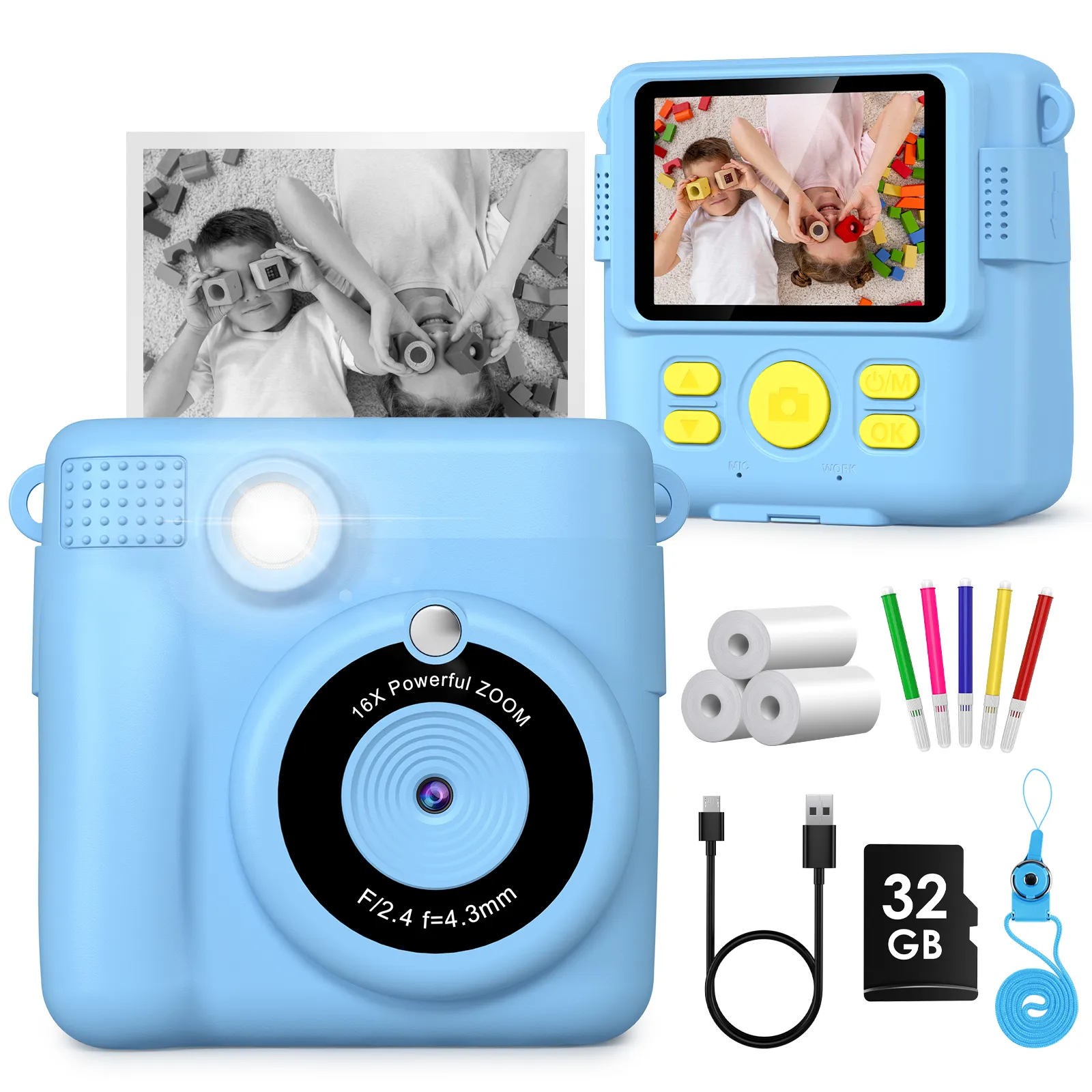 Kids Digital Camera 1080P HD Instant Print Camera Portable Camera Toy with 32GB Card Gift For Boys Girls 3-12