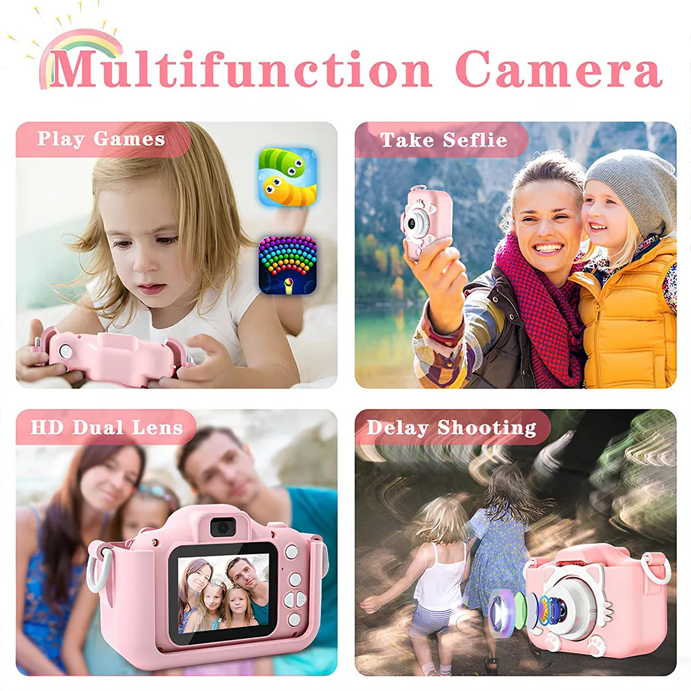 Kids Camera Toys Mini Camera Kids Digital Camera With Video Cartoon Soft Silicone Cover 32GB SD Card For Boy Girl Christmas Gift