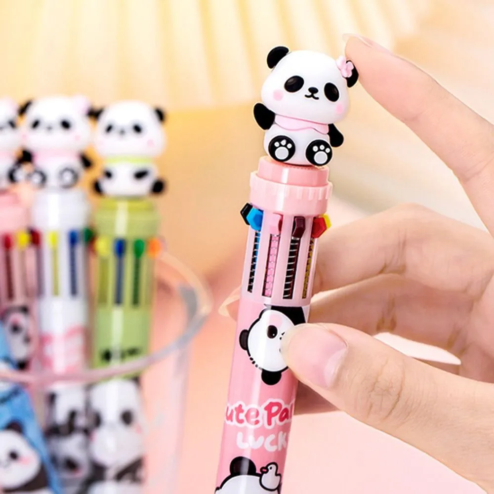 0.5mm Cartoon Panda Ballpoint Pen 10 In 1 Cute Colorful Ink Gel Pen Press-type Multifunction Journal Pens Office Supplies