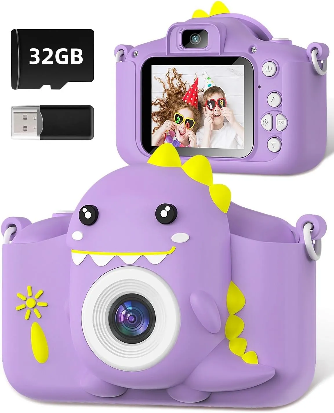 Kids Dinosaur Camera Portable Selfie Camera 1080P HD Digital Camera With 32GB Card Gift For Children Aged 3-12