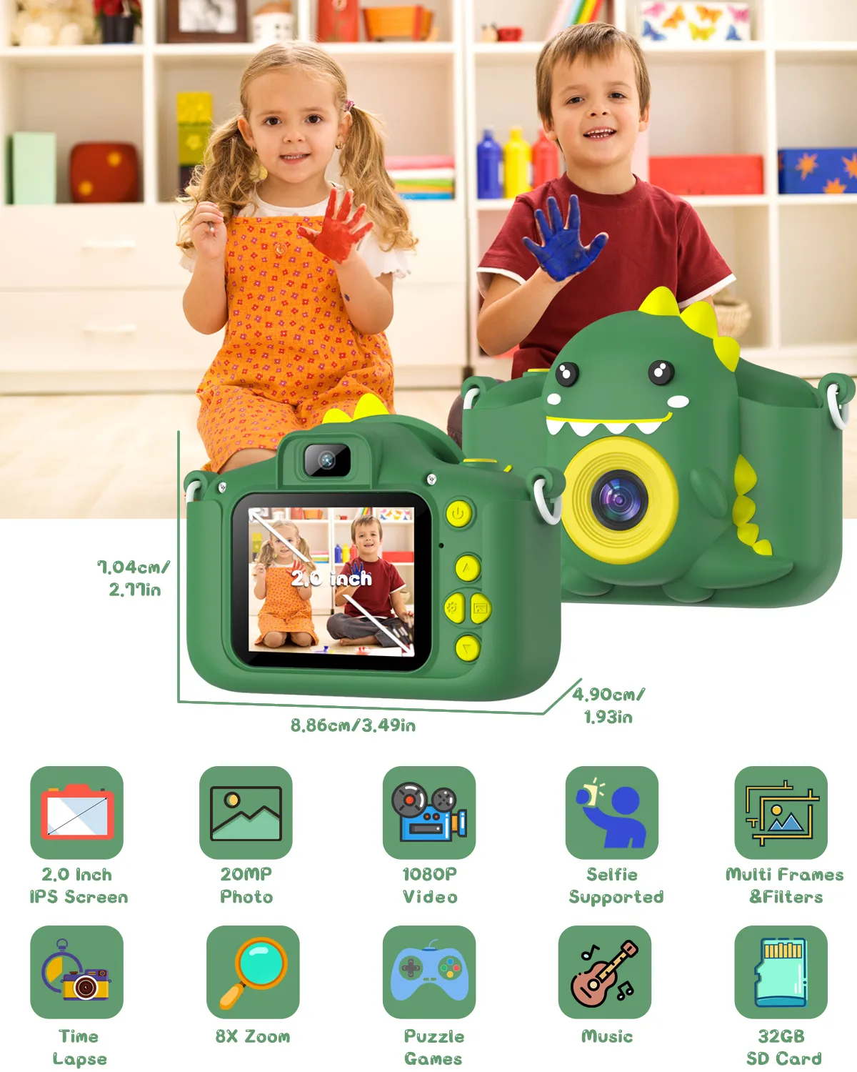 Kids Dinosaur Camera Portable Selfie Camera 1080P HD Digital Camera With 32GB Card Gift For Children Aged 3-12