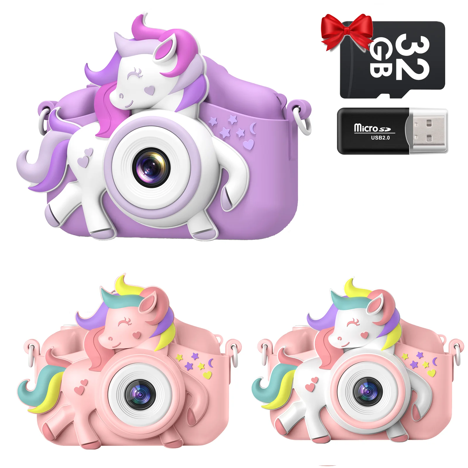 2.0" Kid's Camera 20MP 1080P HD Toddle Selfie Camera Cute Cartoon Digital Cmaera Toy With 32GB Card Gift For Girls & Boys