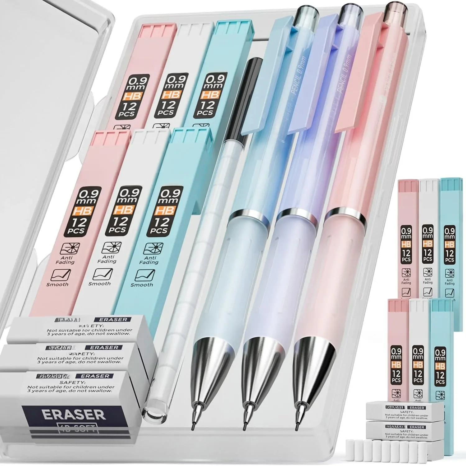 3PCS pastel Mechanical pencil set, 0.9 mechanical pencil, 6 tubes HB lead 0.9mm, 3PCS eraser and 9PCS eraser filler