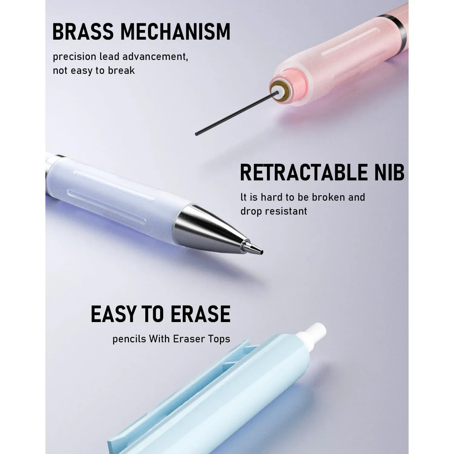 3PCS pastel Mechanical pencil set, 0.9 mechanical pencil, 6 tubes HB lead 0.9mm, 3PCS eraser and 9PCS eraser filler