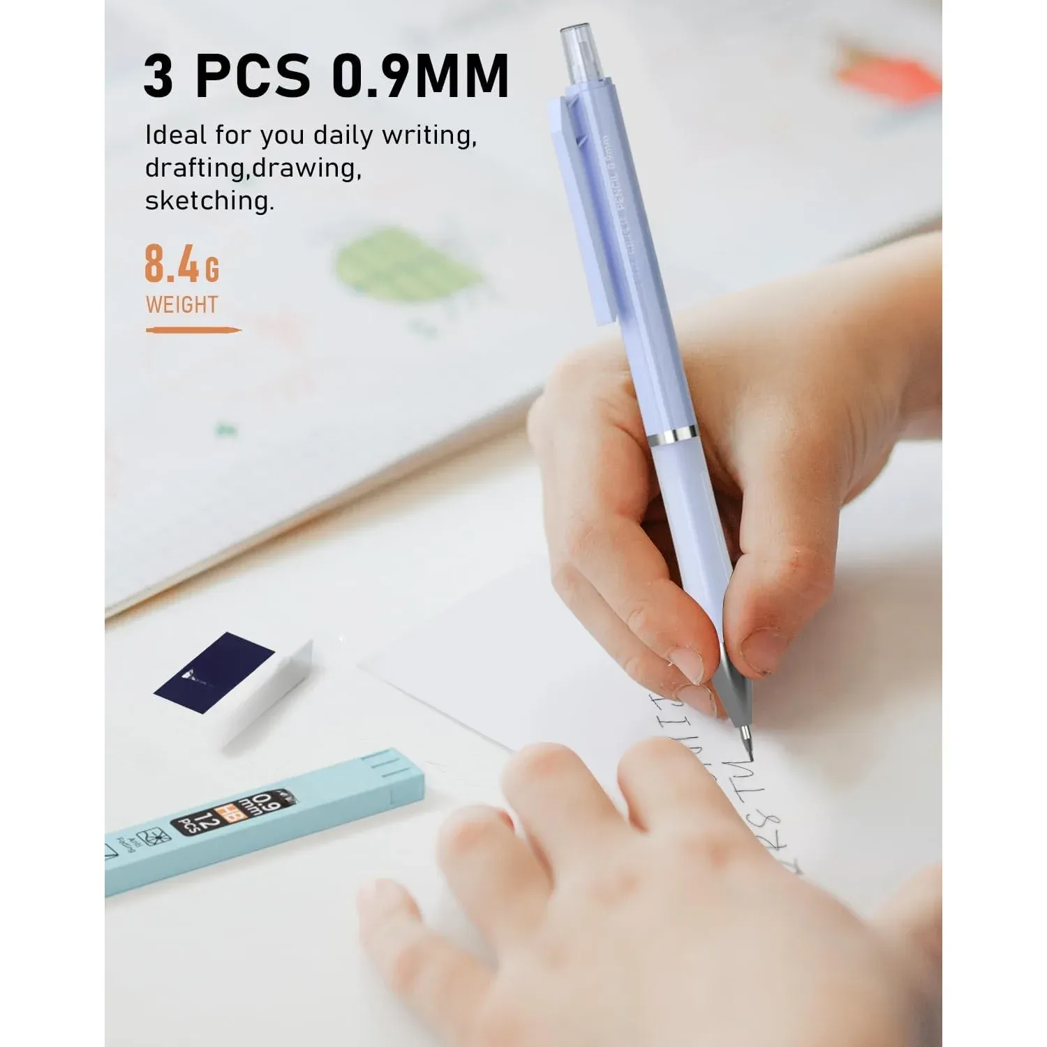 3PCS pastel Mechanical pencil set, 0.9 mechanical pencil, 6 tubes HB lead 0.9mm, 3PCS eraser and 9PCS eraser filler