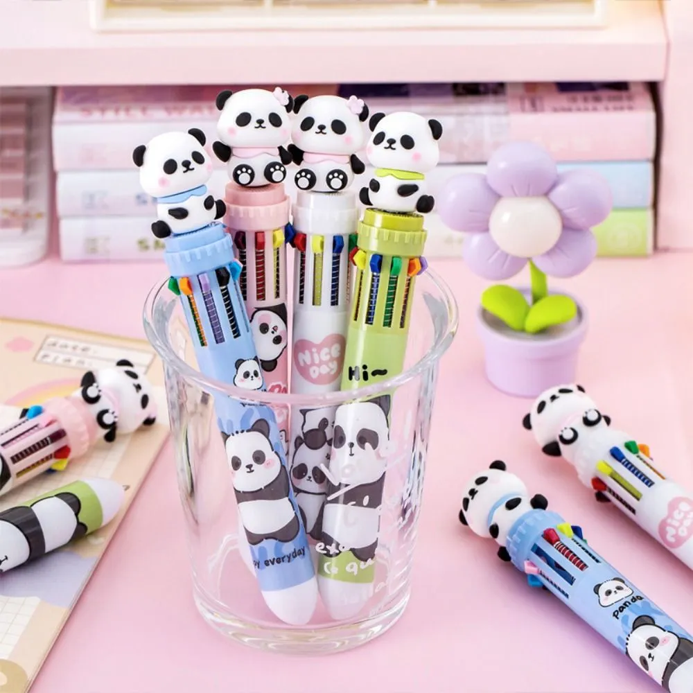 0.5mm Cartoon Panda Ballpoint Pen 10 In 1 Cute Colorful Ink Gel Pen Press-type Multifunction Journal Pens Office Supplies