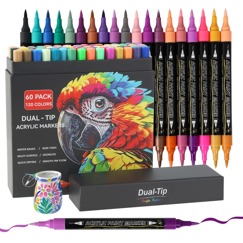 120 Colors Acrylic Paint Markers Set – 60 Pack Dual-Tip Pens for Rock Painting, Crafts & Artwork – Vivid, Quick-Dry Pigments