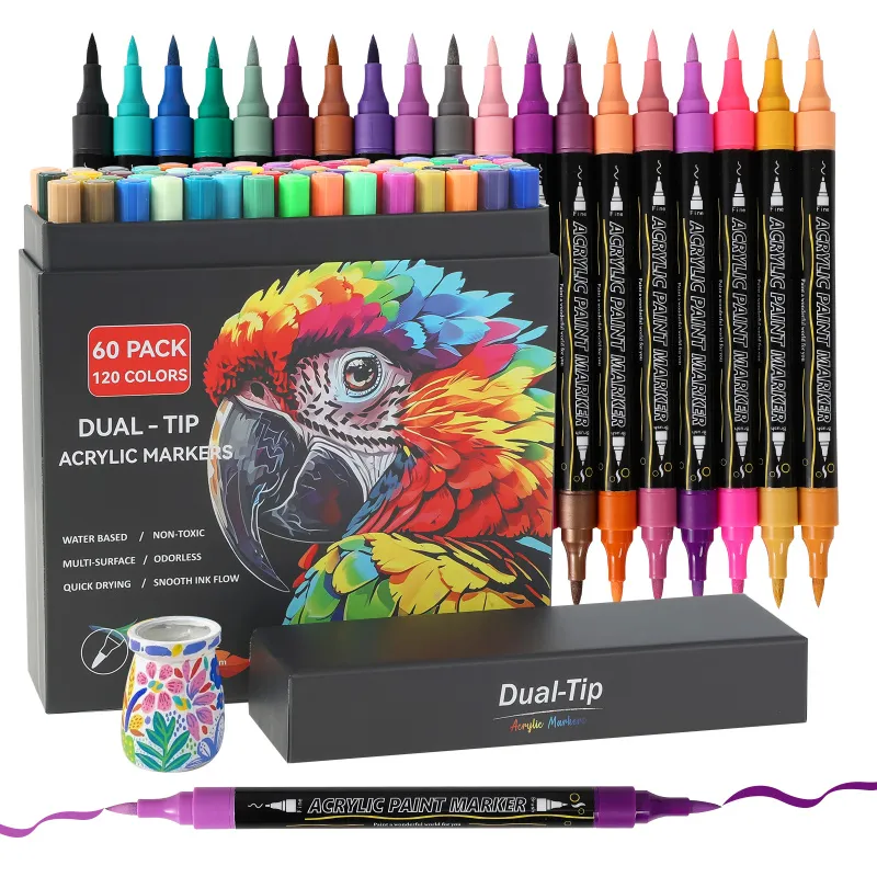120 Colors Acrylic Paint Markers Set – 60 Pack Dual-Tip Pens for Rock Painting, Crafts & Artwork – Vivid, Quick-Dry Pigments