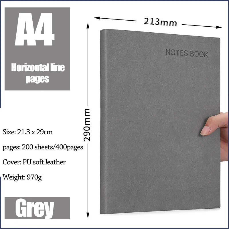 A4 A5 400pages/160pages Soft Leather Thickened Notebook Work Meeting Classroom Record Book Diary Horizontal Line Inside Page