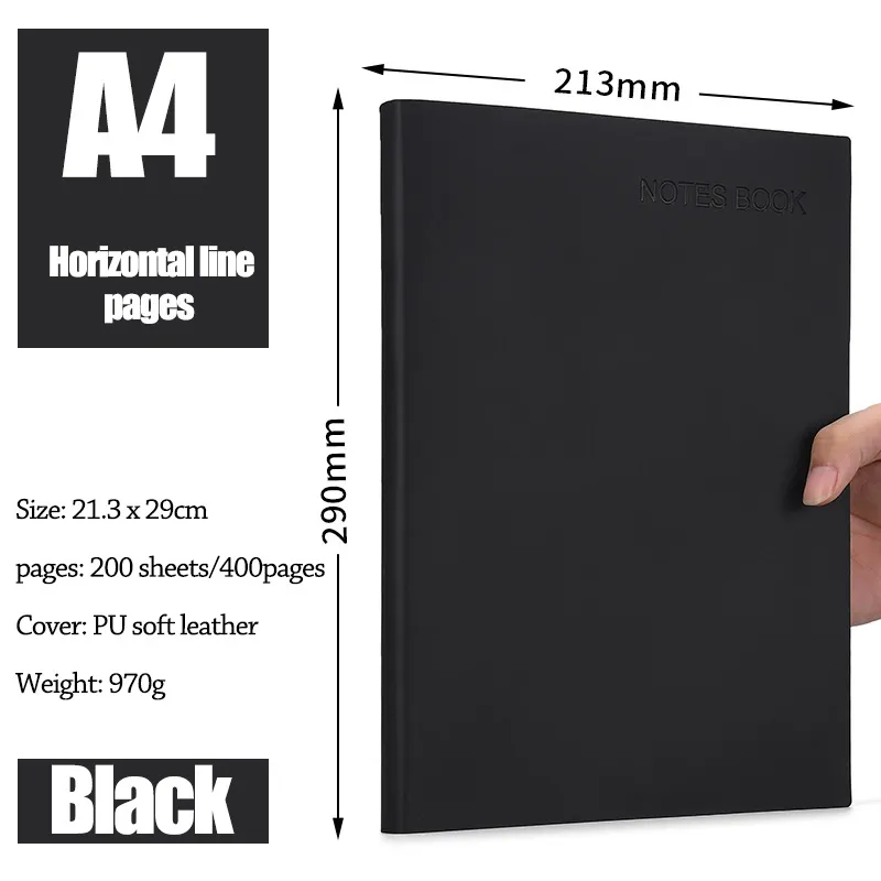 A4 A5 400pages/160pages Soft Leather Thickened Notebook Work Meeting Classroom Record Book Diary Horizontal Line Inside Page