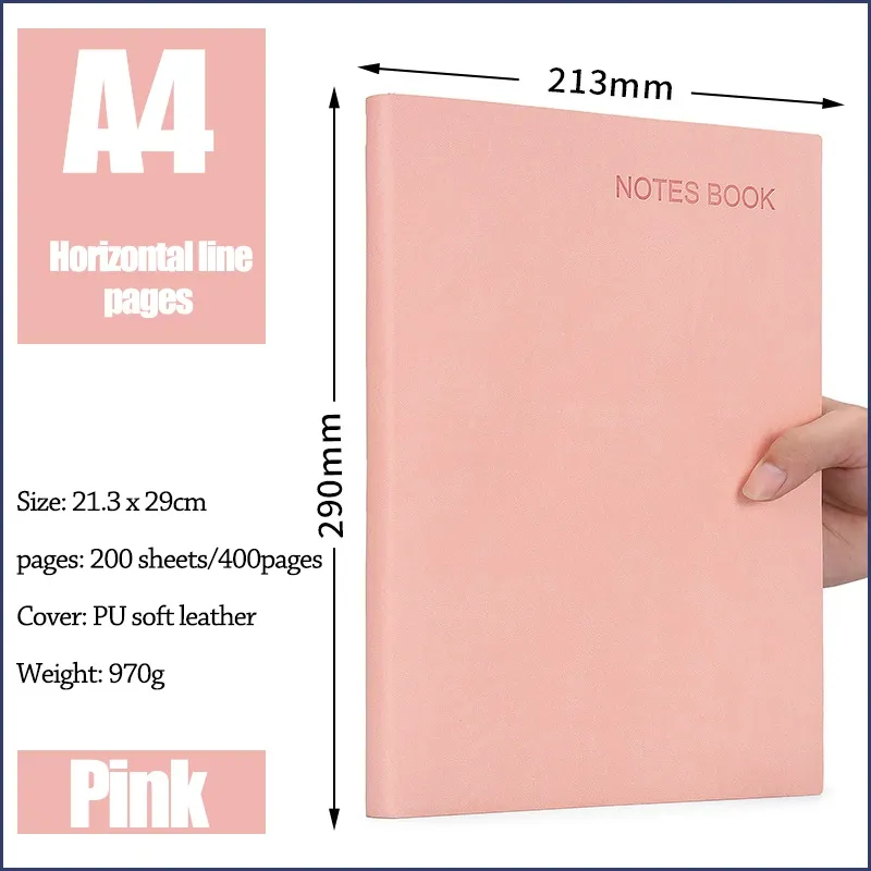 A4 A5 400pages/160pages Soft Leather Thickened Notebook Work Meeting Classroom Record Book Diary Horizontal Line Inside Page