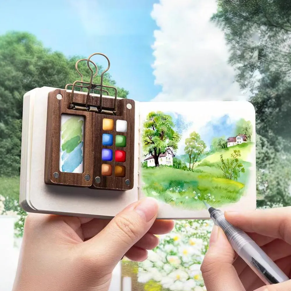 Portable Travel Watercolor Set Schmincke Watercolor 12/24 Colors Mini Walnut Paint Box Sketchbook Student Outing Art Supplies