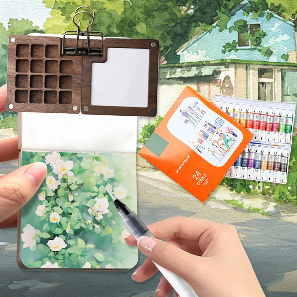 Portable Travel Watercolor Set Schmincke Watercolor 12/24 Colors Mini Walnut Paint Box Sketchbook Student Outing Art Supplies