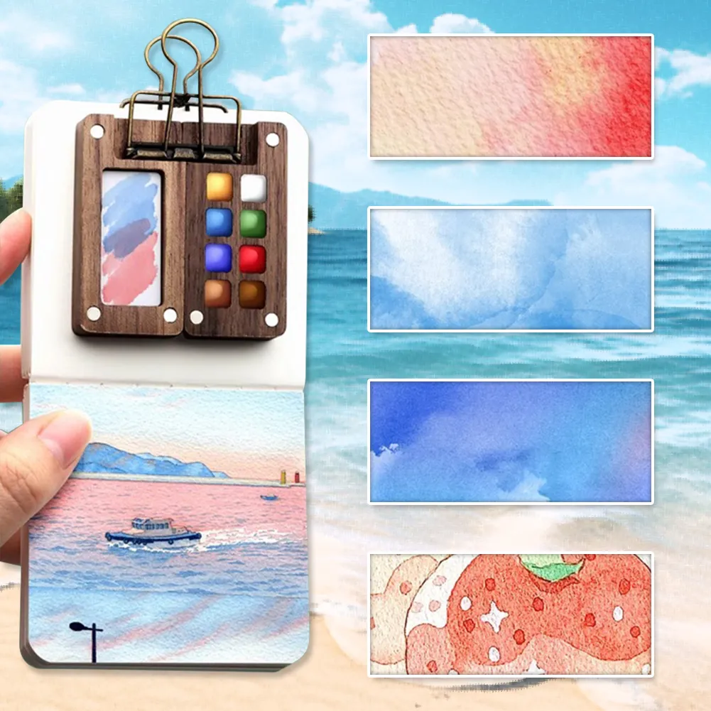 Portable Travel Watercolor Set Schmincke Watercolor 12/24 Colors Mini Walnut Paint Box Sketchbook Student Outing Art Supplies