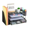 Desk File Tray Metal 4-Tiered with Magazine Rack Drawer 2 Pen Cups Space Saving for File Document Office Desk Organizers