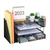 Desk File Tray Metal 4-Tiered with Magazine Rack Drawer 2 Pen Cups Space Saving for File Document Office Desk Organizers