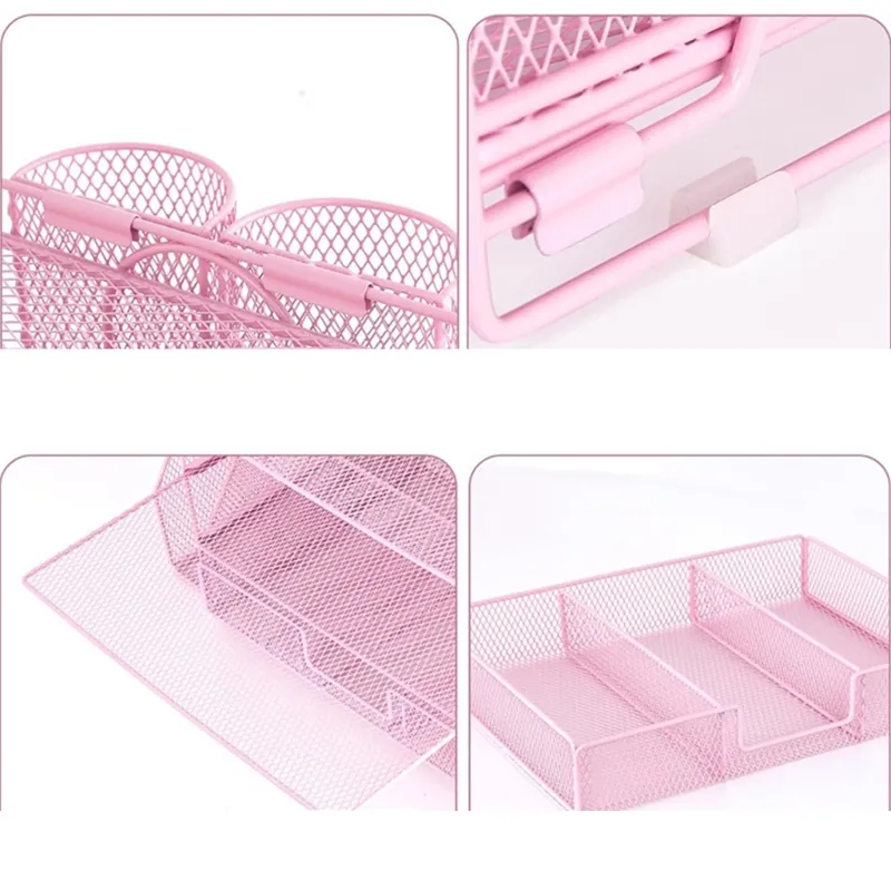Desk File Tray Metal 4-Tiered with Magazine Rack Drawer 2 Pen Cups Space Saving for File Document Office Desk Organizers