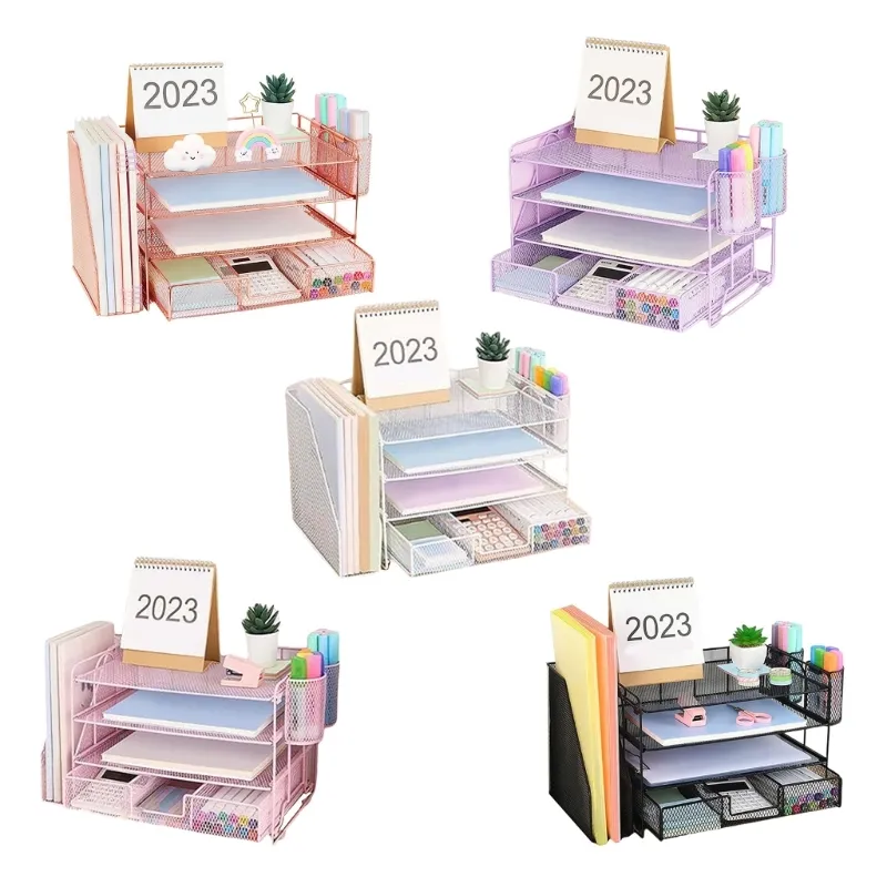 Desk File Tray Metal 4-Tiered with Magazine Rack Drawer 2 Pen Cups Space Saving for File Document Office Desk Organizers