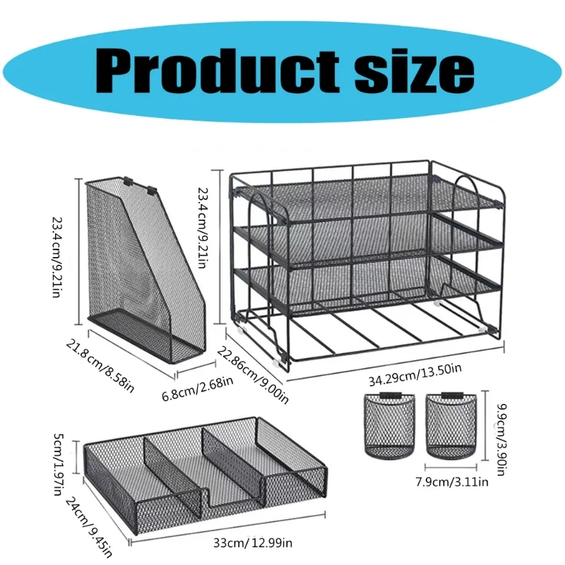 Desk File Tray Metal 4-Tiered with Magazine Rack Drawer 2 Pen Cups Space Saving for File Document Office Desk Organizers