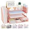 Desk File Tray Metal 4-Tiered with Magazine Rack Drawer 2 Pen Cups Space Saving for File Document Office Desk Organizers