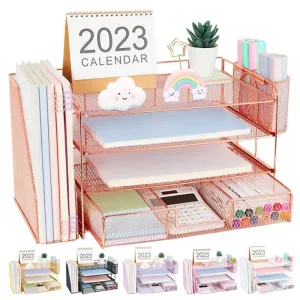 Desk File Tray Metal 4-Tiered with Magazine Rack Drawer 2 Pen Cups Space Saving for File Document Office Desk Organizers