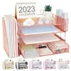 Desk File Tray Metal 4-Tiered with Magazine Rack Drawer 2 Pen Cups Space Saving for File Document Office Desk Organizers