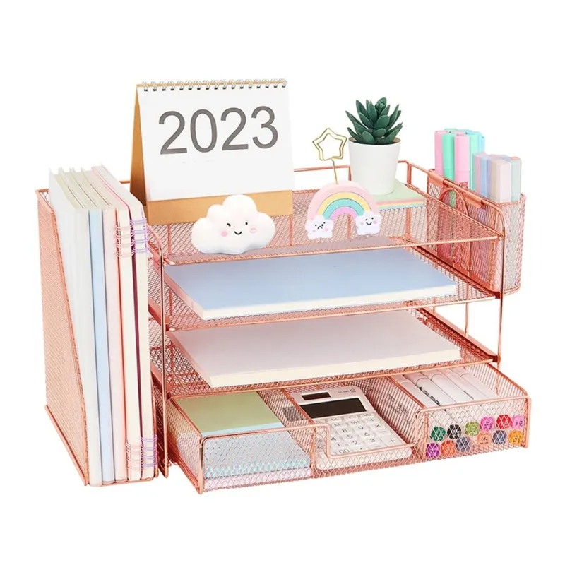 Desk File Tray Metal 4-Tiered with Magazine Rack Drawer 2 Pen Cups Space Saving for File Document Office Desk Organizers