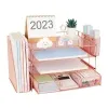 Desk File Tray Metal 4-Tiered with Magazine Rack Drawer 2 Pen Cups Space Saving for File Document Office Desk Organizers