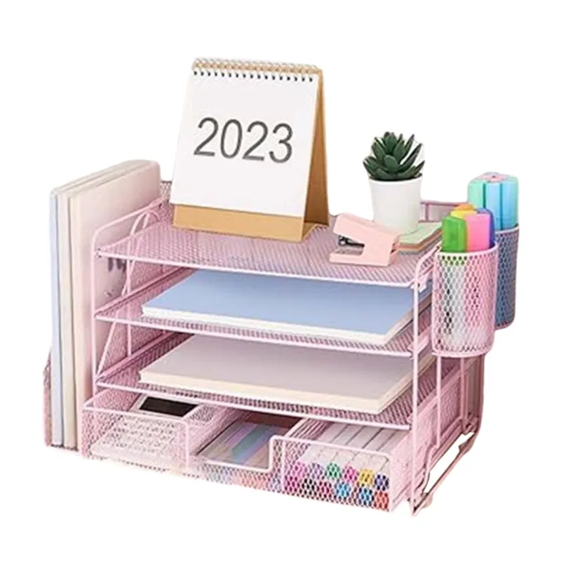 Desk File Tray Metal 4-Tiered with Magazine Rack Drawer 2 Pen Cups Space Saving for File Document Office Desk Organizers