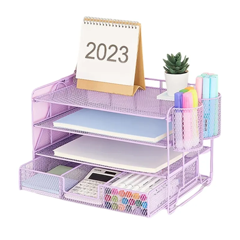 Desk File Tray Metal 4-Tiered with Magazine Rack Drawer 2 Pen Cups Space Saving for File Document Office Desk Organizers