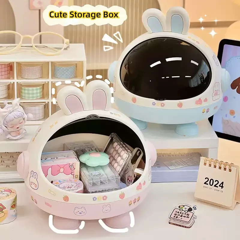 Desktop Rabbit Storage Box Desk Organizer Bin Cute Student Girls Hair Accessories Stationary Storage Kawaii Korean Storage Rack