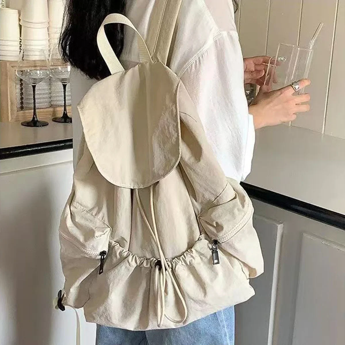 Fashionable Large Capacity Drawstring Backpack Casual Lightweight Men's Women's Can Backpack Washing Fabric