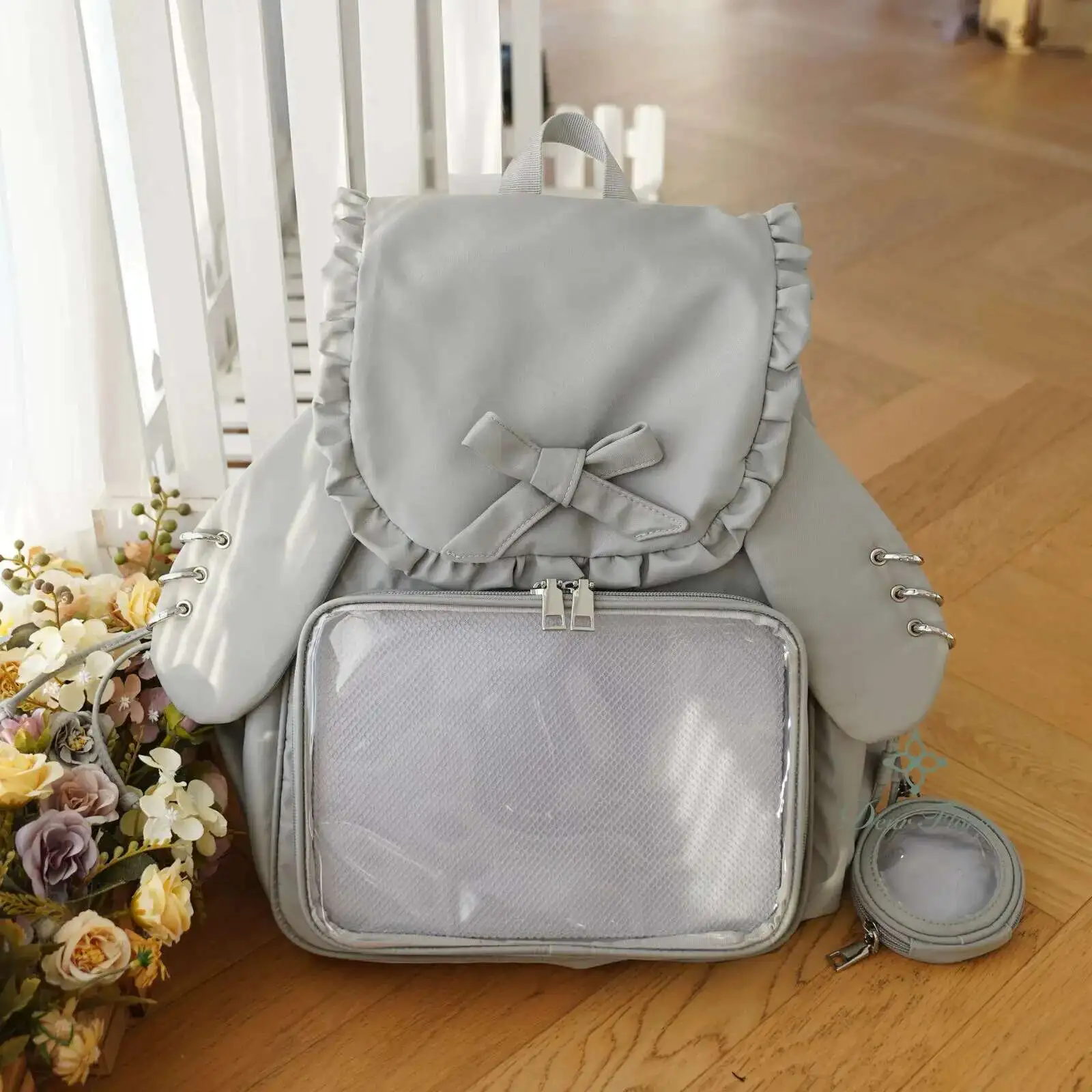 Y2k Bow Rabbit Ear Japanese Ita Backpack Lolita Girl's Transparent Bag Cute High Capacity Rucksack Preppy Style Ruffled Knapsack