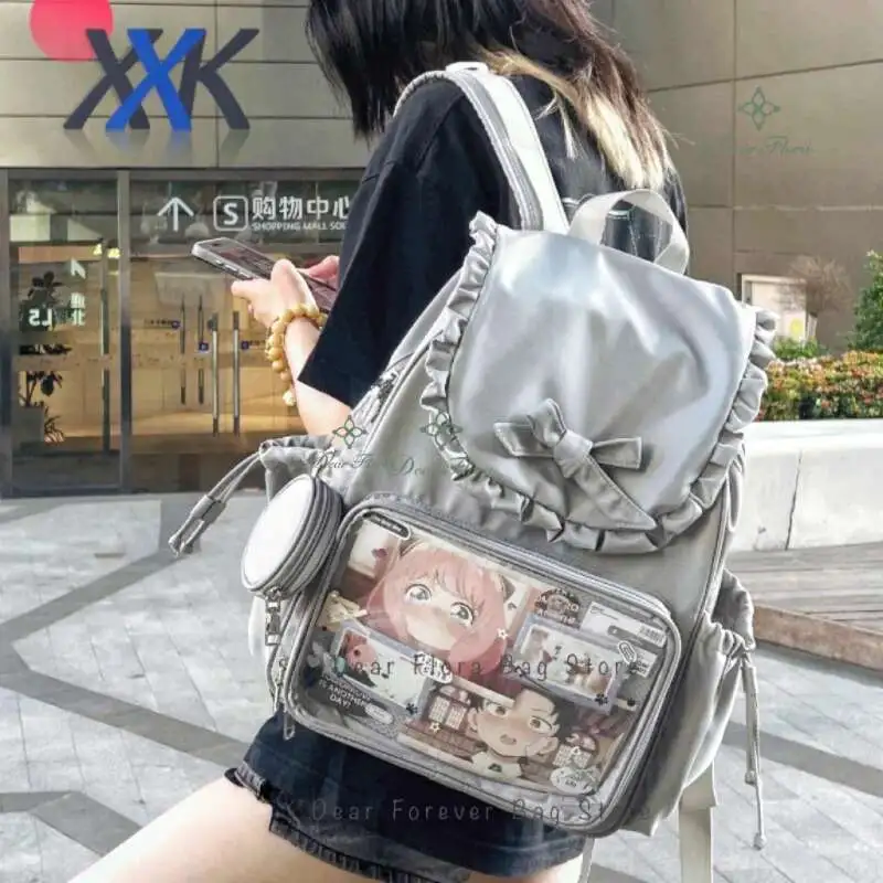 Y2k Bow Rabbit Ear Japanese Ita Backpack Lolita Girl's Transparent Bag Cute High Capacity Rucksack Preppy Style Ruffled Knapsack