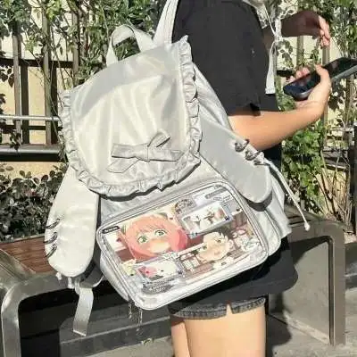 Y2k Bow Rabbit Ear Japanese Ita Backpack Lolita Girl's Transparent Bag Cute High Capacity Rucksack Preppy Style Ruffled Knapsack