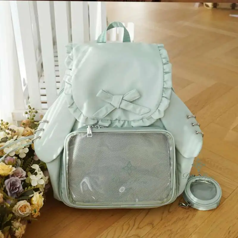 Y2k Bow Rabbit Ear Japanese Ita Backpack Lolita Girl's Transparent Bag Cute High Capacity Rucksack Preppy Style Ruffled Knapsack