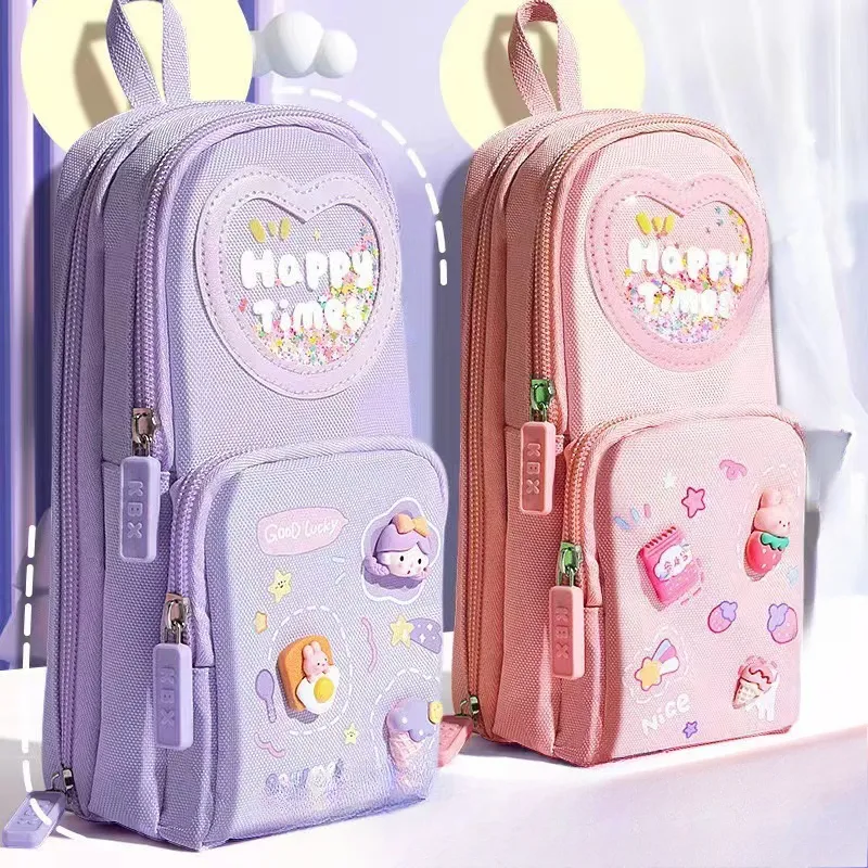 Handheld Backpack Pencil Case Cute Cartoon Dirt Resistant Canvas Three-layer Large Capacity Stationery Bag Storage Bag