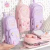 Handheld Backpack Pencil Case Cute Cartoon Dirt Resistant Canvas Three-layer Large Capacity Stationery Bag Storage Bag