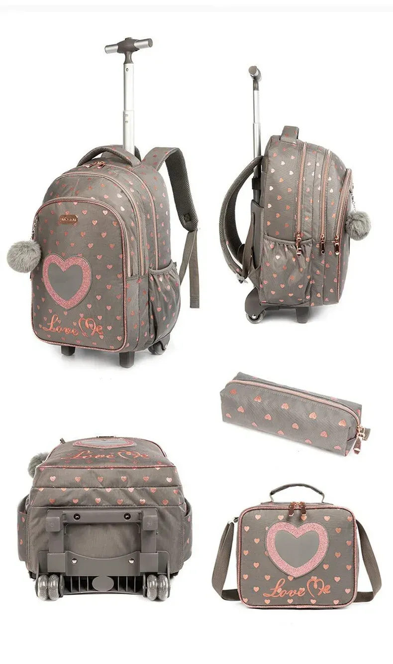 Children's Wheeled Backpack Bag Set with Lunch Box School Rolling Backpack Bag with Wheels School Trolley Backpack Bag for Girls