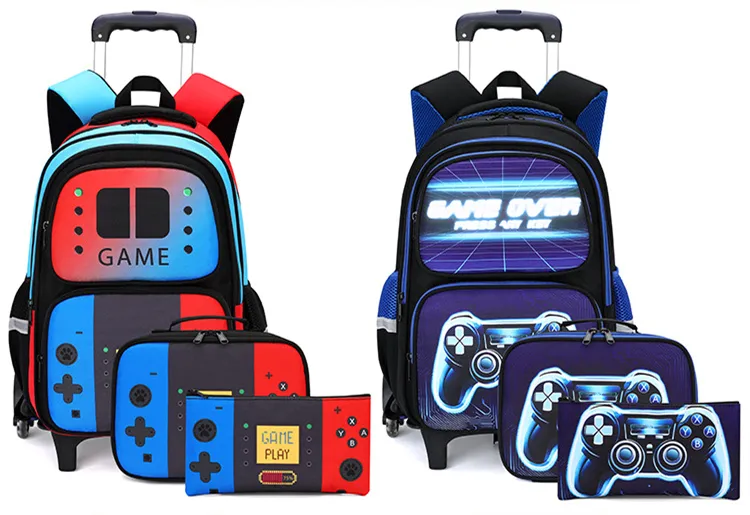 School Bag Kids Rolling Backpack for Boy Wheeled Backpack School Bag With Wheels Trolley Bookbag Carry on Luggage with Lunch Bag