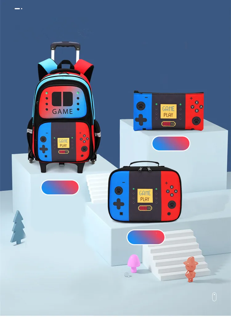 School Bag Kids Rolling Backpack for Boy Wheeled Backpack School Bag With Wheels Trolley Bookbag Carry on Luggage with Lunch Bag