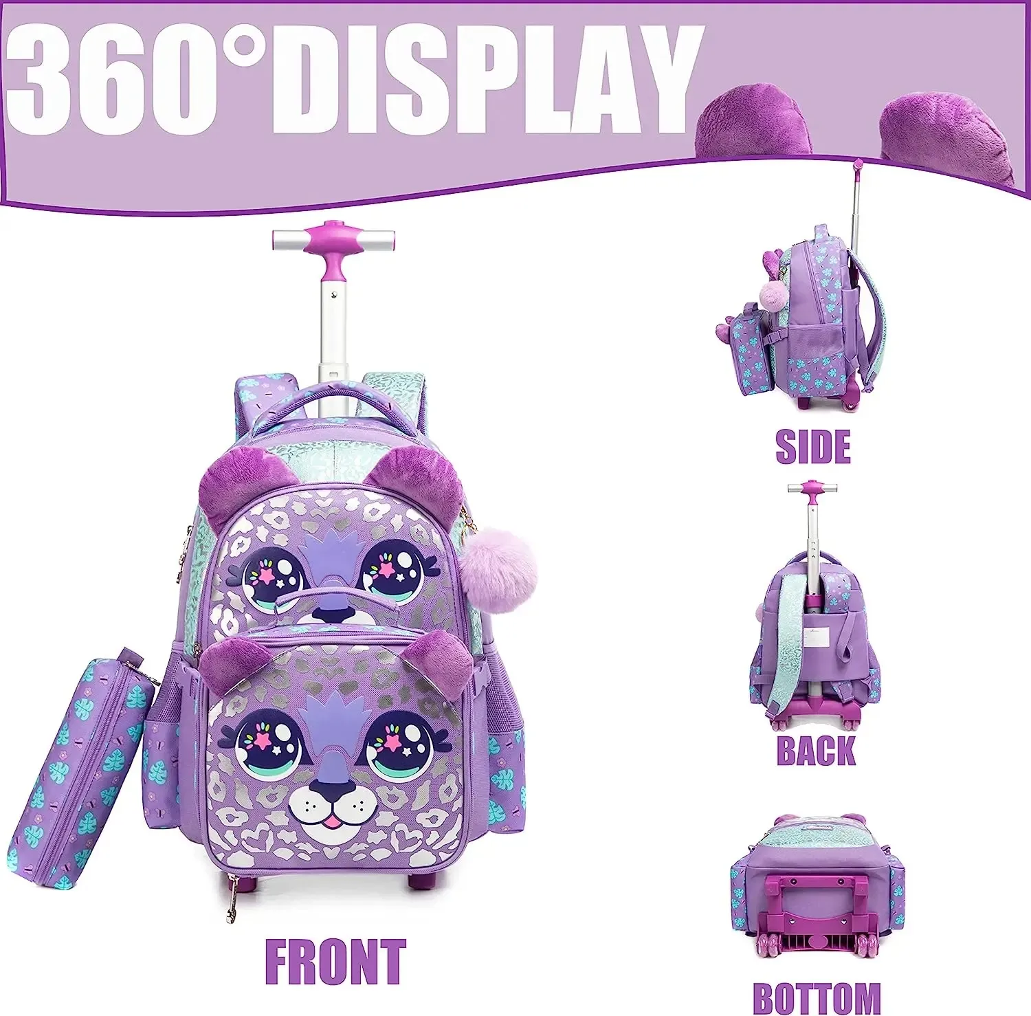 Rolling Backpack for Girls Kids Backpack with Wheels Backpack for Elementary Students Carry on Luggage Bookbag with Roller