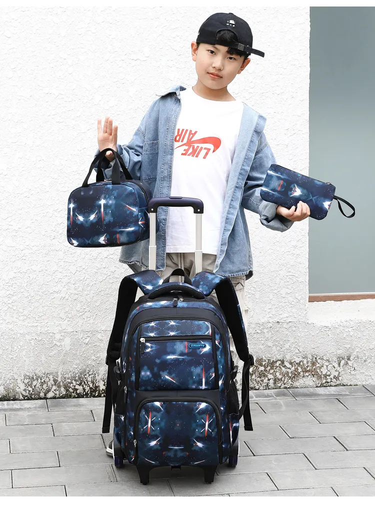 School Bag Kids Rolling Backpack for Boy Wheeled Backpack School Bag With Wheels Trolley Bookbag Carry on Luggage with Lunch Bag