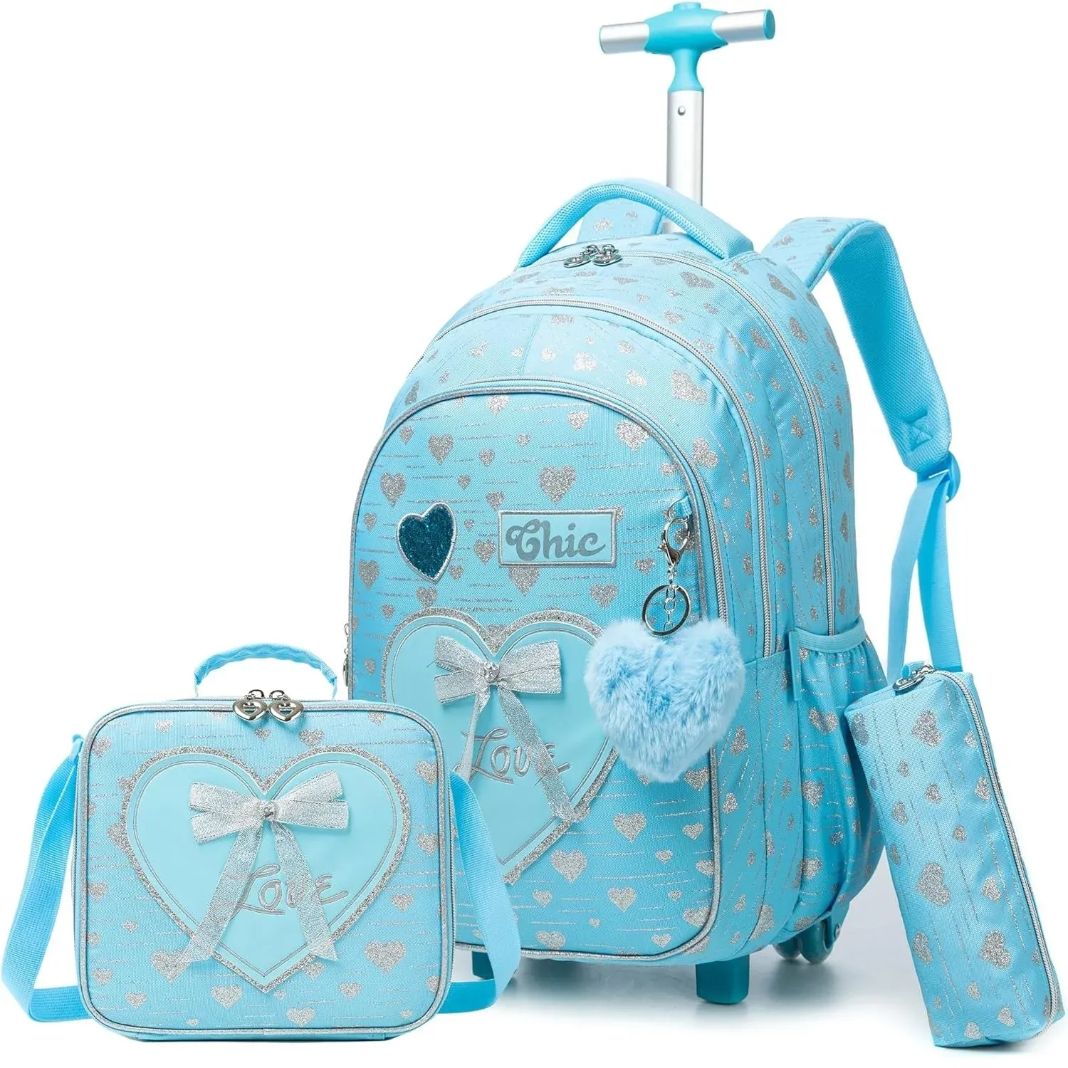 3PCS School Bags for Girls Travel Rolling Backpack School Trolley Bag Set with Lunch Bag Kids Wheeled Bookbag Carry on Children