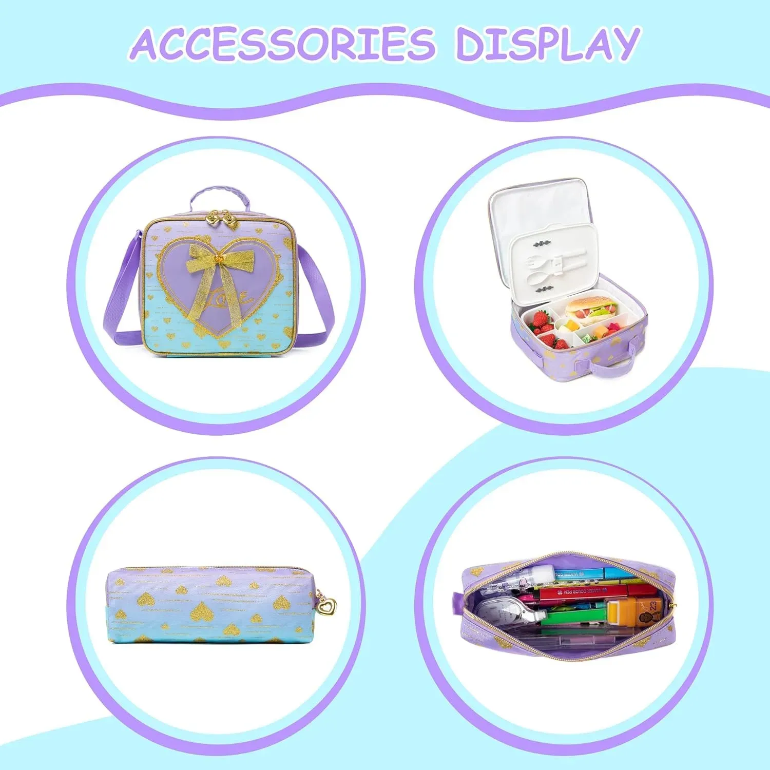 3PCS School Bags for Girls Travel Rolling Backpack School Trolley Bag Set with Lunch Bag Kids Wheeled Bookbag Carry on Children
